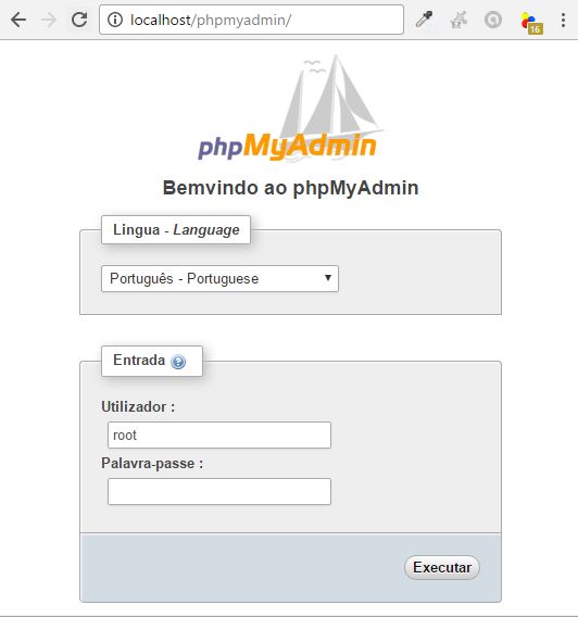 Tela inicial PhpMyadmin
