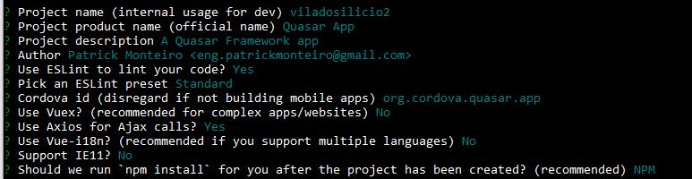 Configurações no momento da inicialização do projeto Quasar
