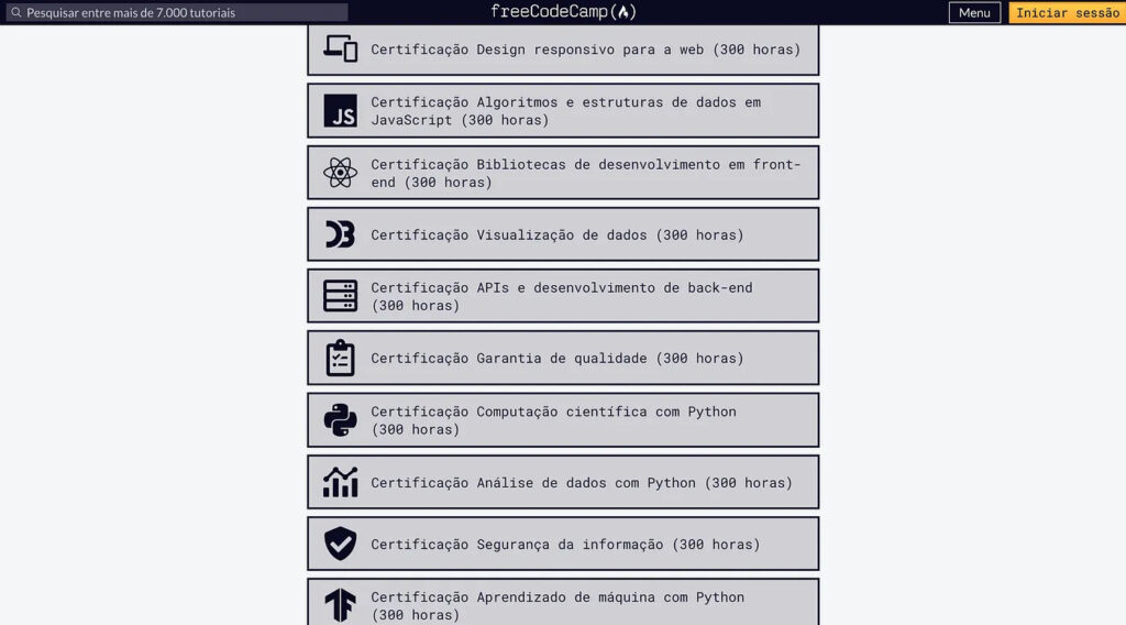 lista de cursos freecodecamp