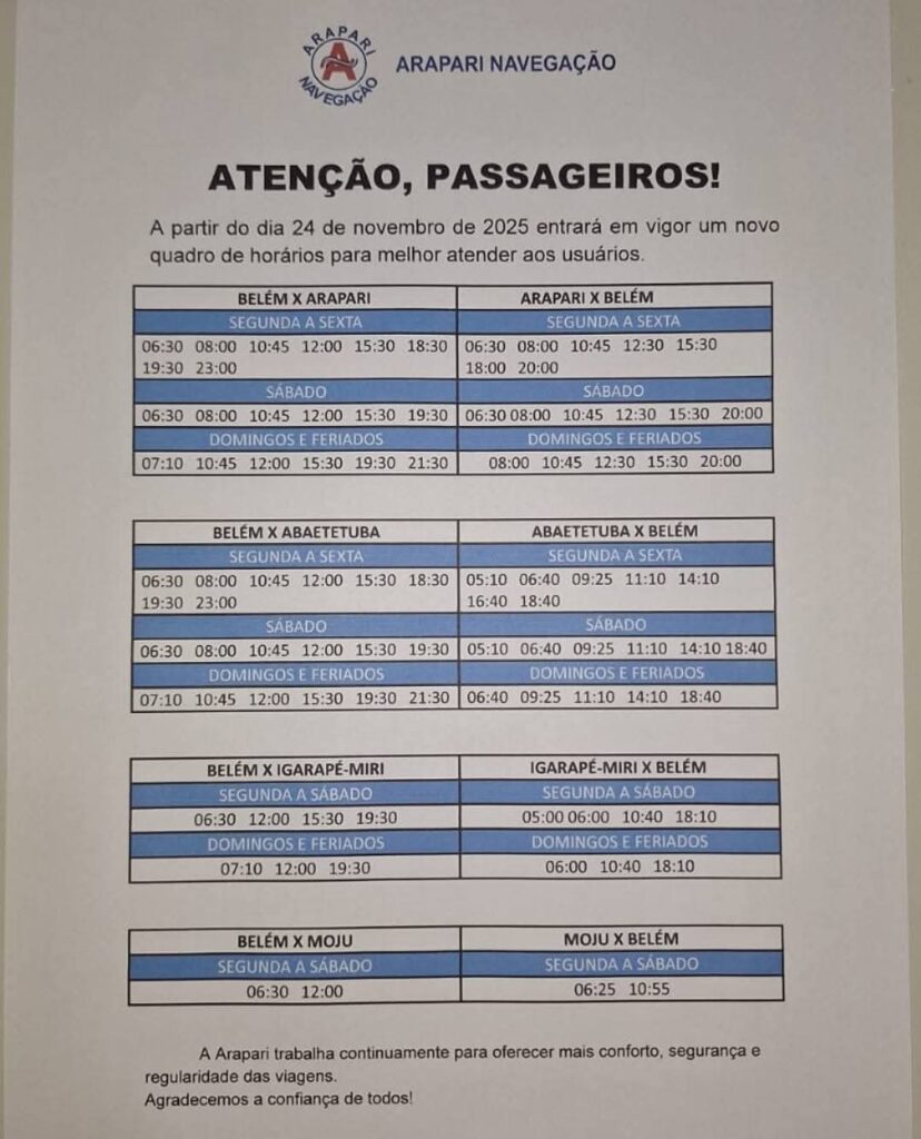 horários abaetetuba arapari