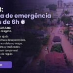 Imagem de capa para artigo do blog Vila do Silício com o título "IA + Nuxt 3: plataforma de emergência em menos de 6h". Ao fundo, uma foto de uma rua alagada em tom roxo com uma ilustração de um cérebro digital sobreposta à direita, simbolizando tecnologia. O texto descreve o caso de sucesso da SOS Ubá na centralização das informações e lista suas funcionalidades principais: cadastro de pedidos de ajuda, busca de desaparecidos, mapa de acolhimento, doações via PIX, alertas em tempo real, notícias da região e cadastro de voluntários. Abaixo, há um botão com o link sosuba.com.br.